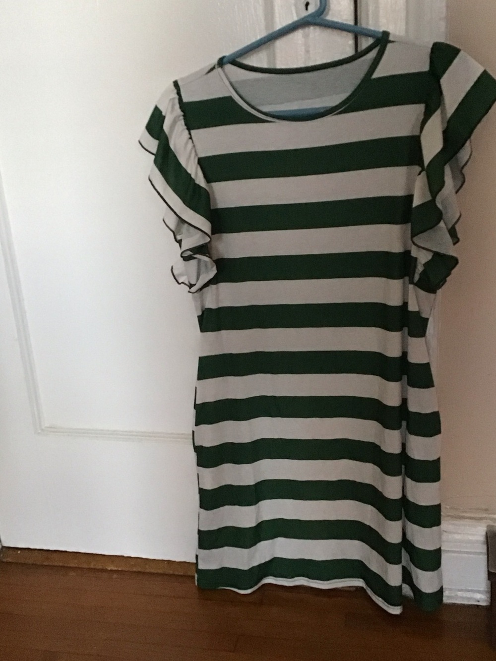 Green and Cream Striped Ruffle Sleeve Dress with pockets